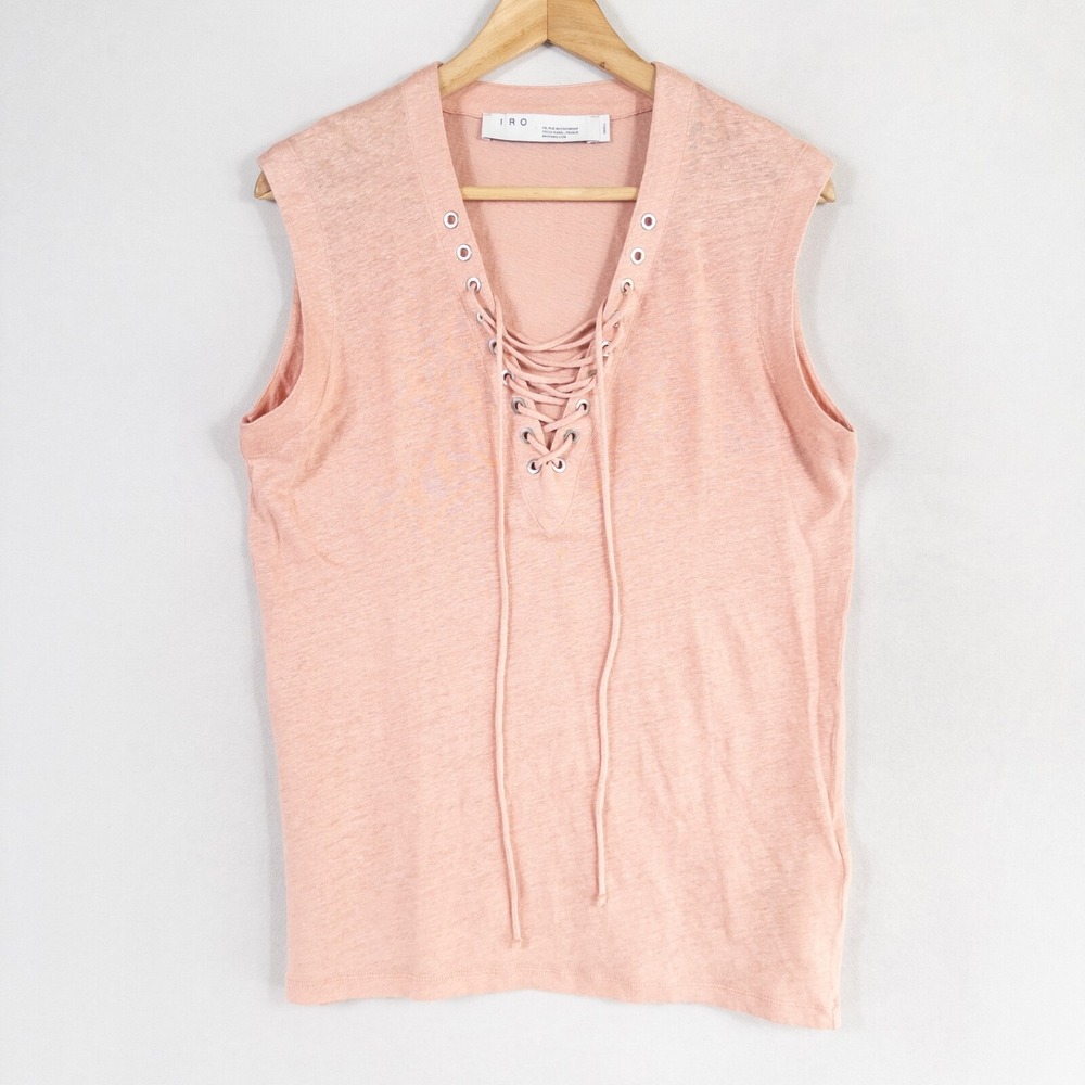 IRO Handrea Lace Up Top Womens Sz Small Light Pink Linen Knit Pullover Casual